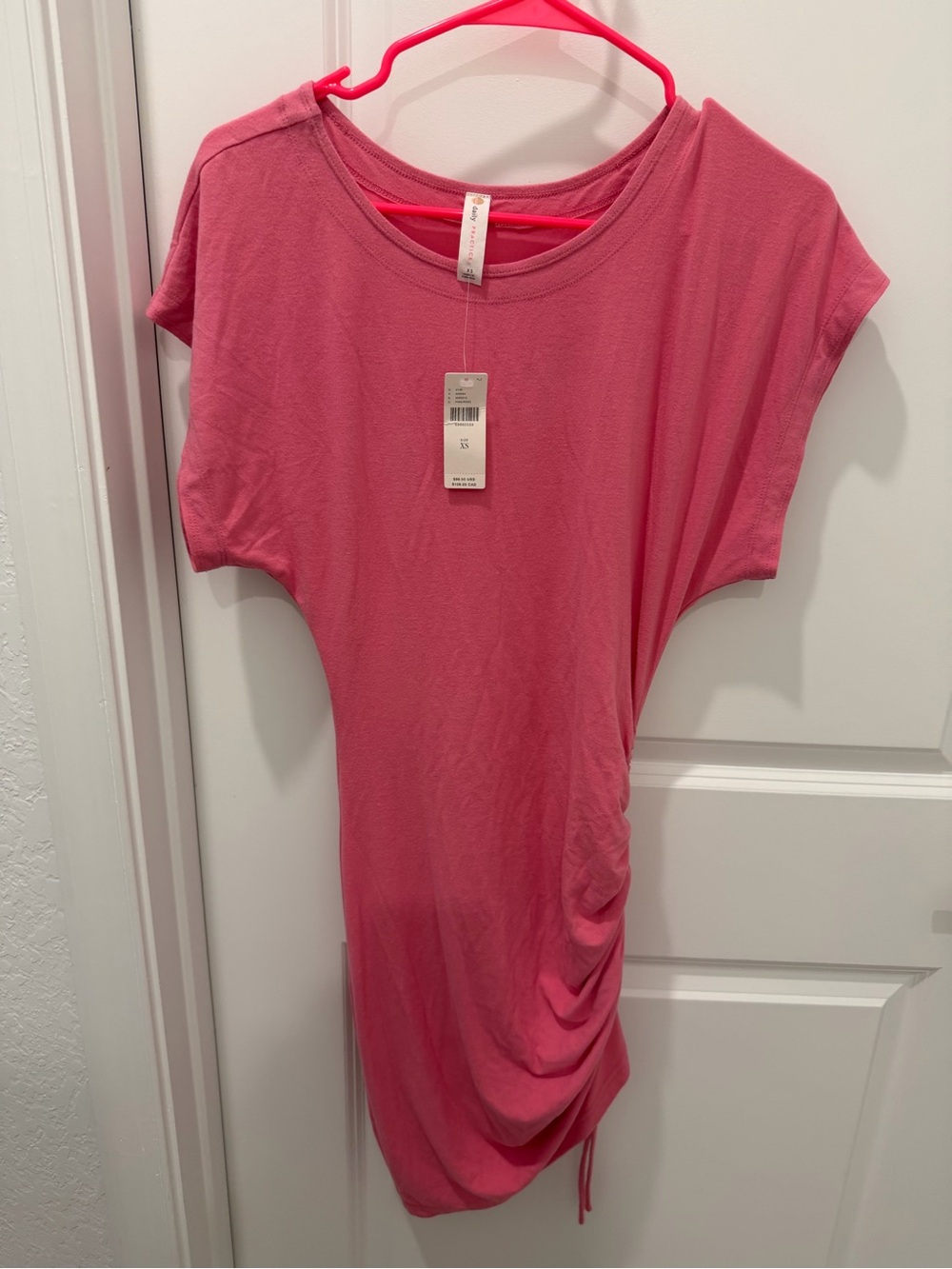 Anthropologie Coral-Pink Short Sleeve Side-Ruch Mini Dress